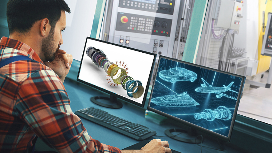 Engineer using affordable 3D CAD software to design a mechanical part